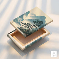 Woodblock style decorative box with Japanese landscape art and pine trees on lid