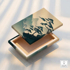 Stretched canvas print with Japanese woodblock landscape art on a floating frame.