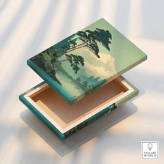 Floating canvas print box with Japanese woodblock landscape design and pine trees detail.