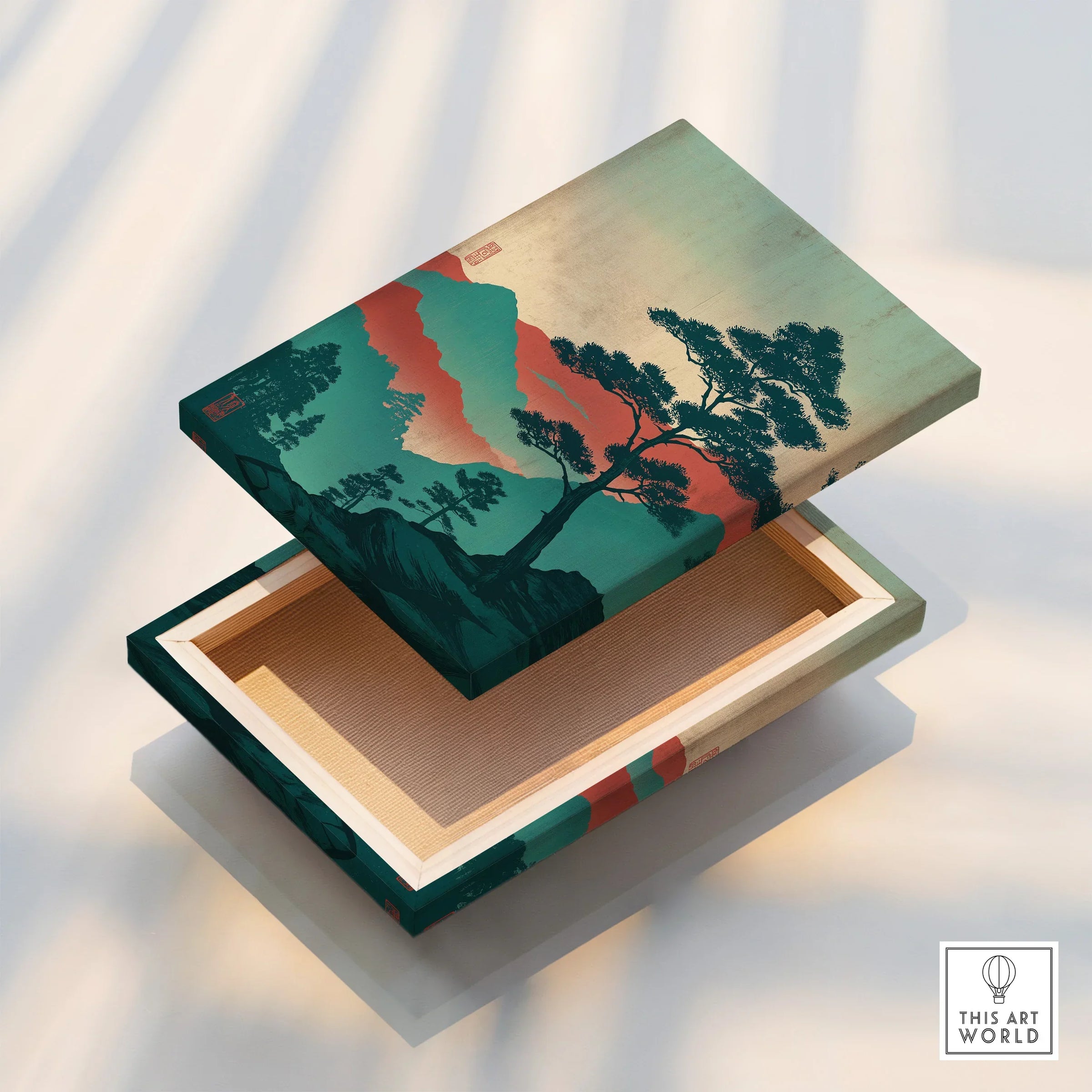Decorative woodblock art box with Japanese landscape print, pine tree and mountains
