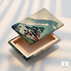 Floating canvas print with Japanese woodblock mountain and pine tree landscape detail