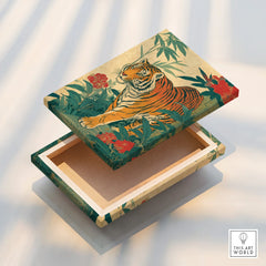 Japanese tiger art decorative box with vibrant jungle and floral design in sunlight
