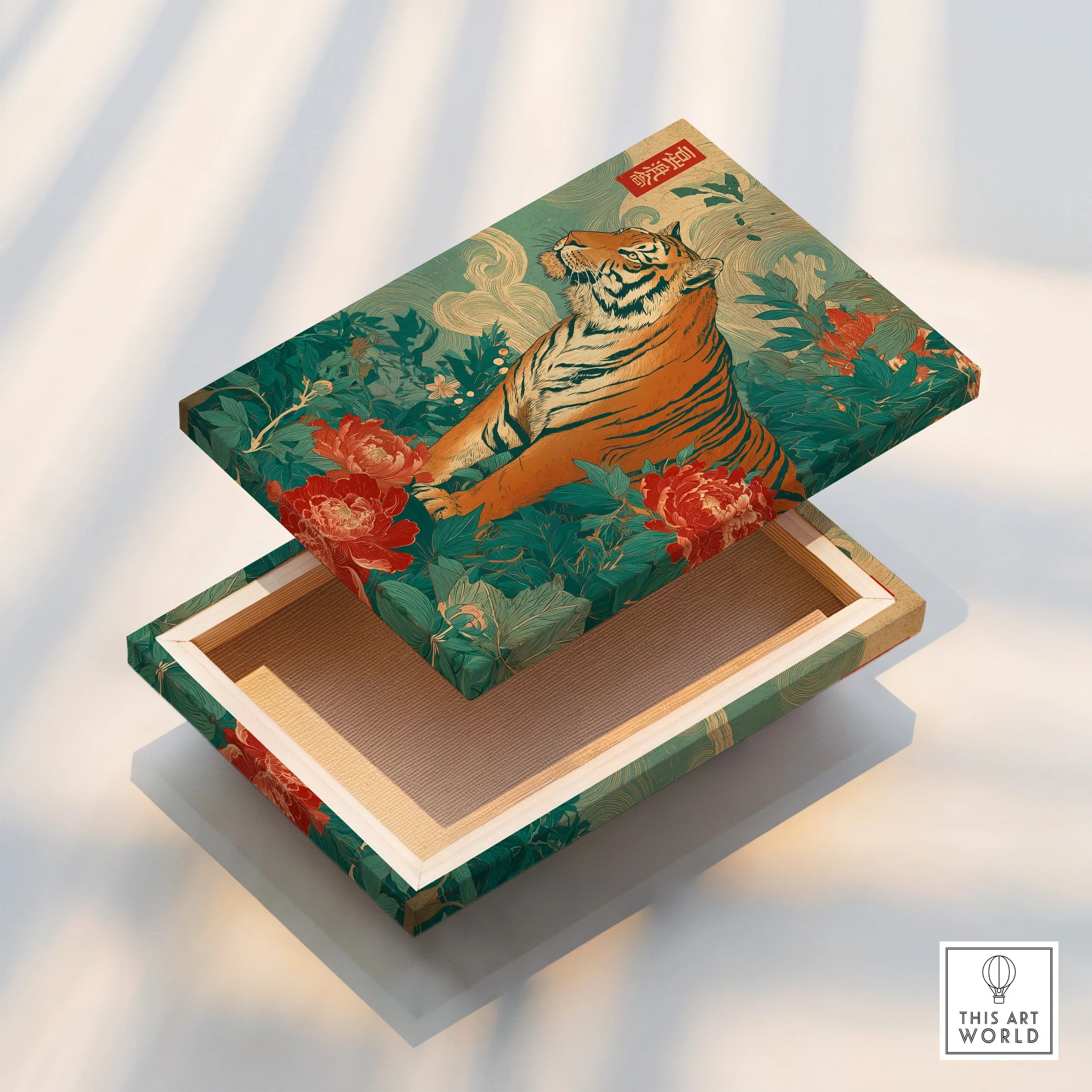 Decorative box with Japanese tiger art, lush green leaves, and red flowers on lid