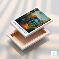 Jardim Majorelle Marrakesh Posters | Vibrant Architecture & Palms Canvas Print displayed on a wooden box.