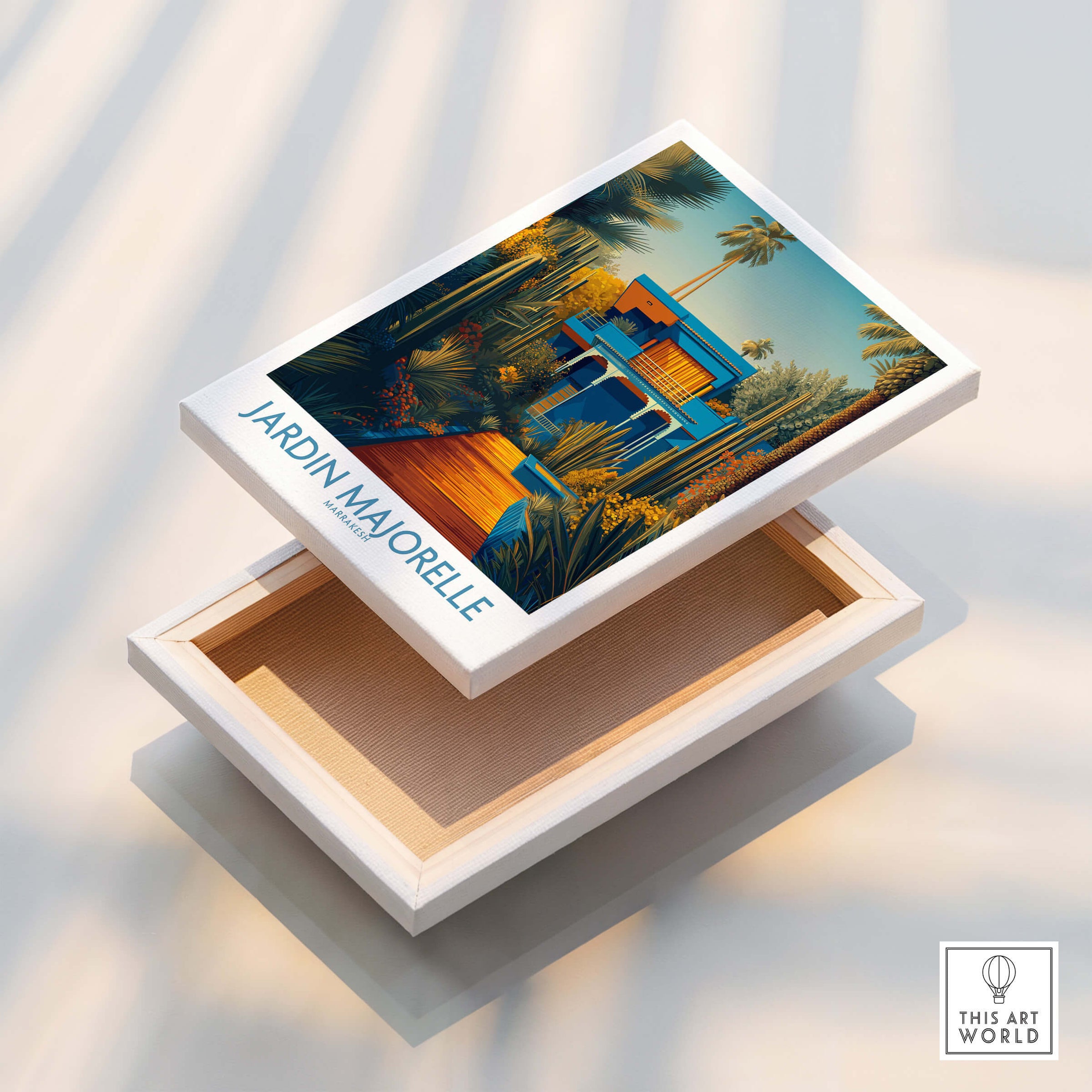 Jardim Majorelle Marrakesh Posters | Vibrant Architecture & Palms Canvas Print displayed on a wooden box.