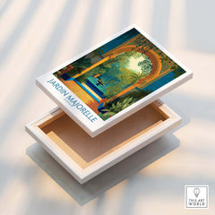 Jardim Majorelle Marrakesh Canvas Print | Tropical Oasis Landscape Poster on a storage box