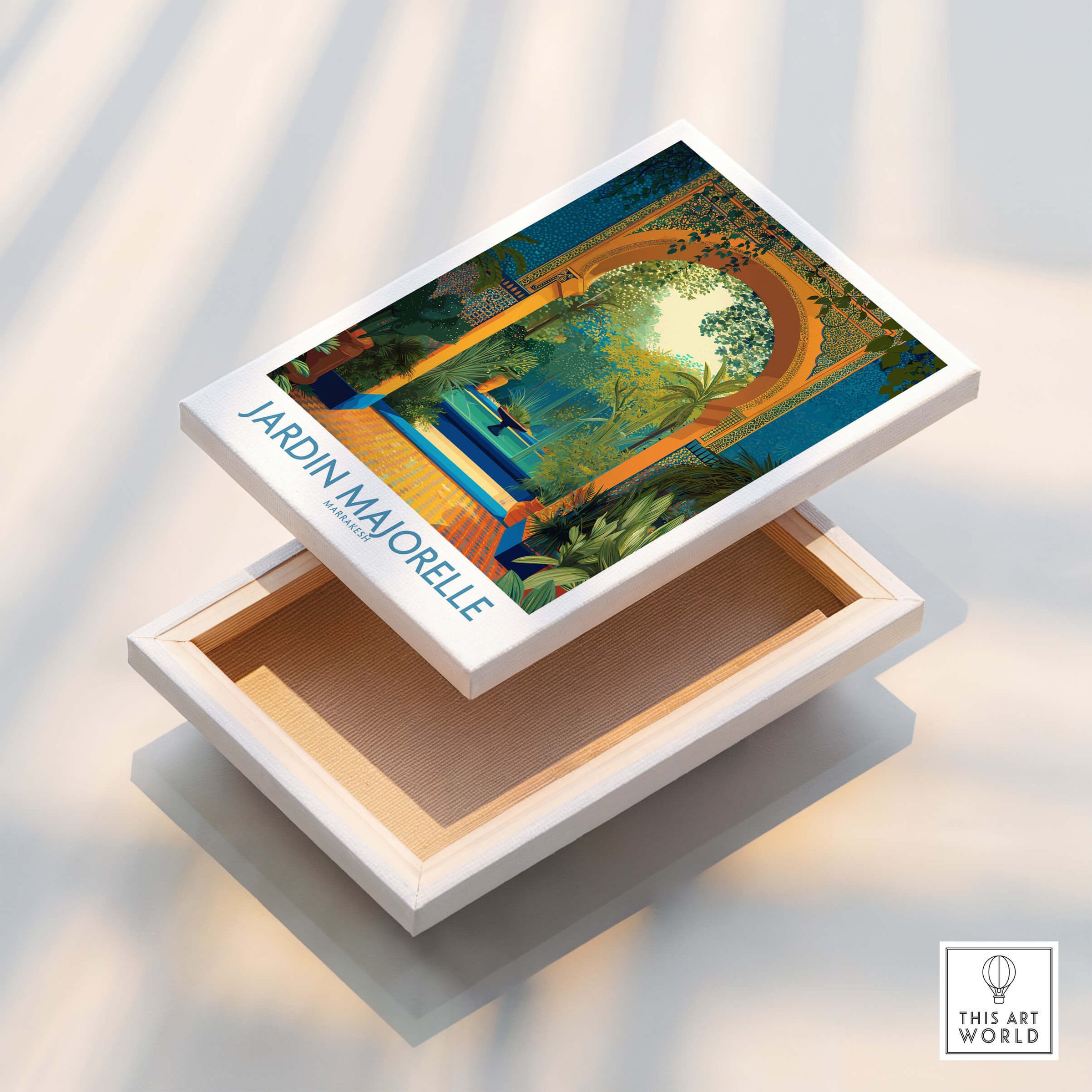 Jardim Majorelle Marrakesh Canvas Print | Tropical Oasis Landscape Poster on a storage box