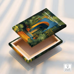 Jardim Majorelle Marrakesh Wall Art Print | Botanical Moroccan Villa Travel Poster box with vibrant tropical design.