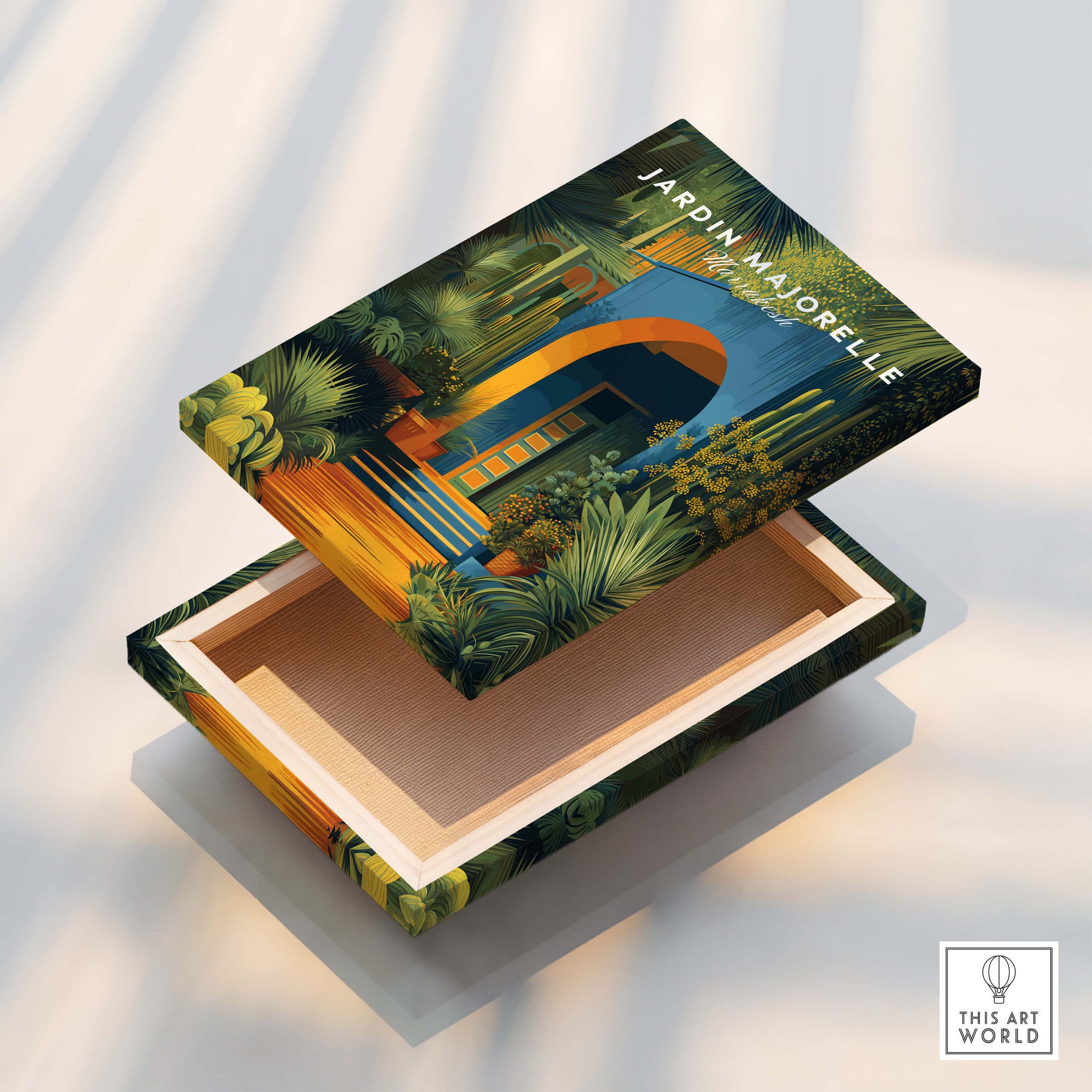 Jardim Majorelle Marrakesh Wall Art Print | Botanical Moroccan Villa Travel Poster box with vibrant tropical design.
