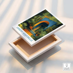 Jardim Majorelle Marrakesh Posters | Canvas Print displayed on a stylish wooden box with vibrant colors.