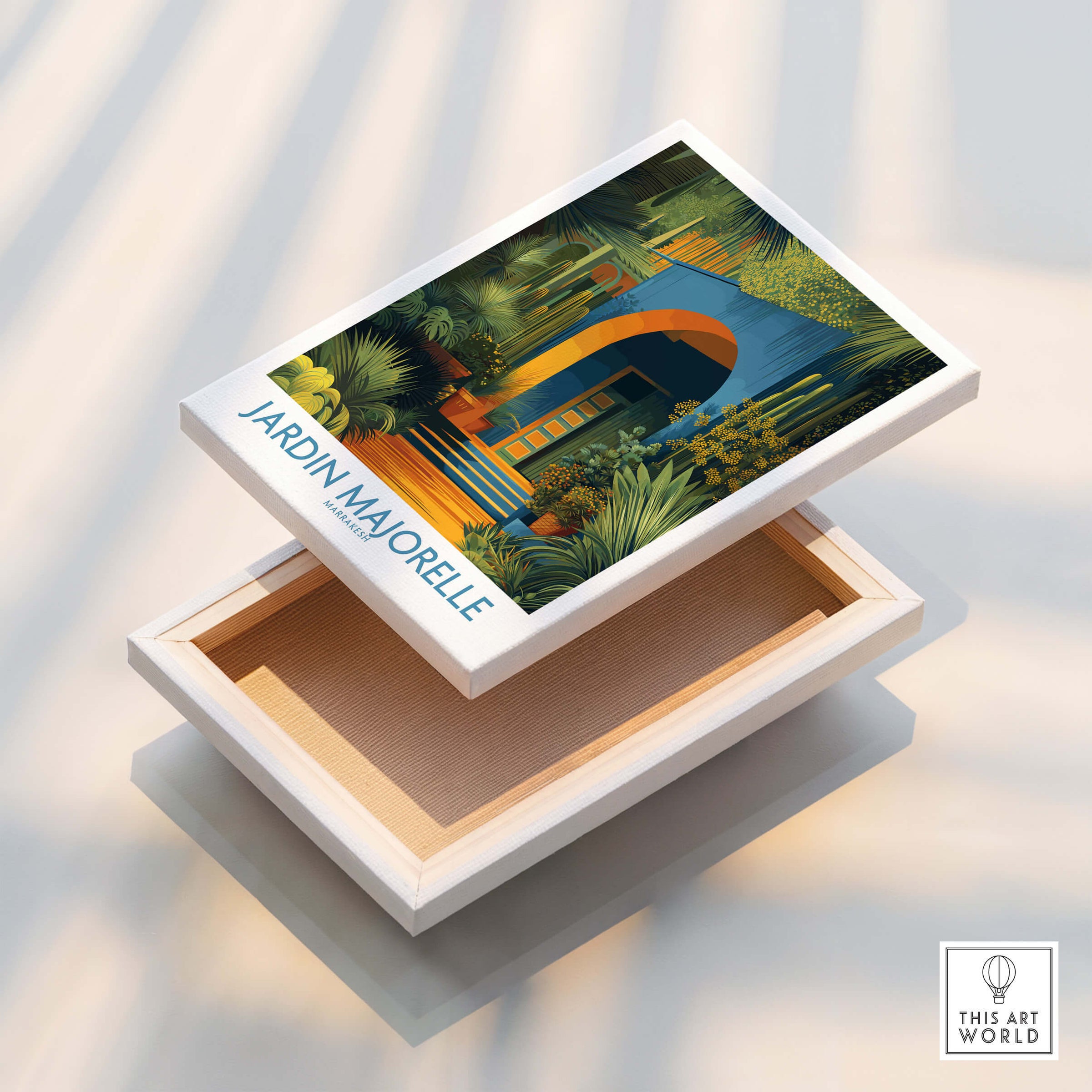 Jardim Majorelle Marrakesh Posters | Canvas Print displayed on a stylish wooden box with vibrant colors.
