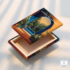 Jardim Majorelle Marrakesh Travel Posters | Garden Fountain Scene Wall Art Print featuring a decorative box design.
