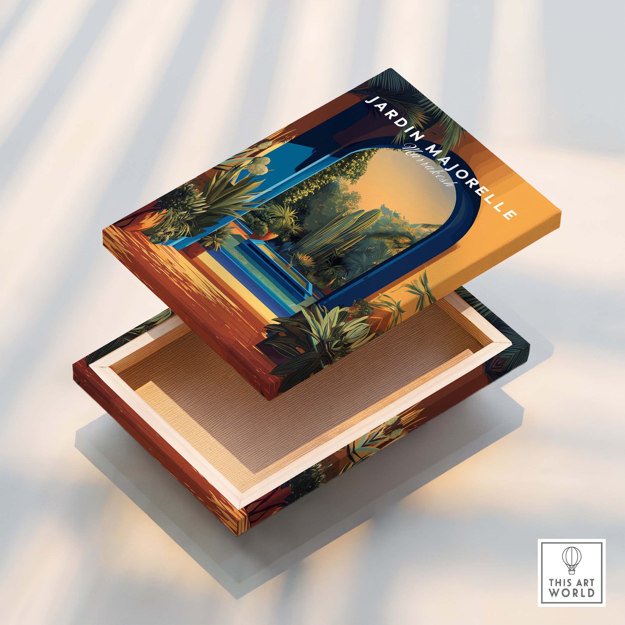 Jardim Majorelle Marrakesh Travel Posters | Garden Fountain Scene Wall Art Print featuring a decorative box design.