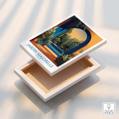 Jardim Majorelle Marrakesh Canvas Print | Exotic Plant & Architecture Posters displayed on a wooden box.