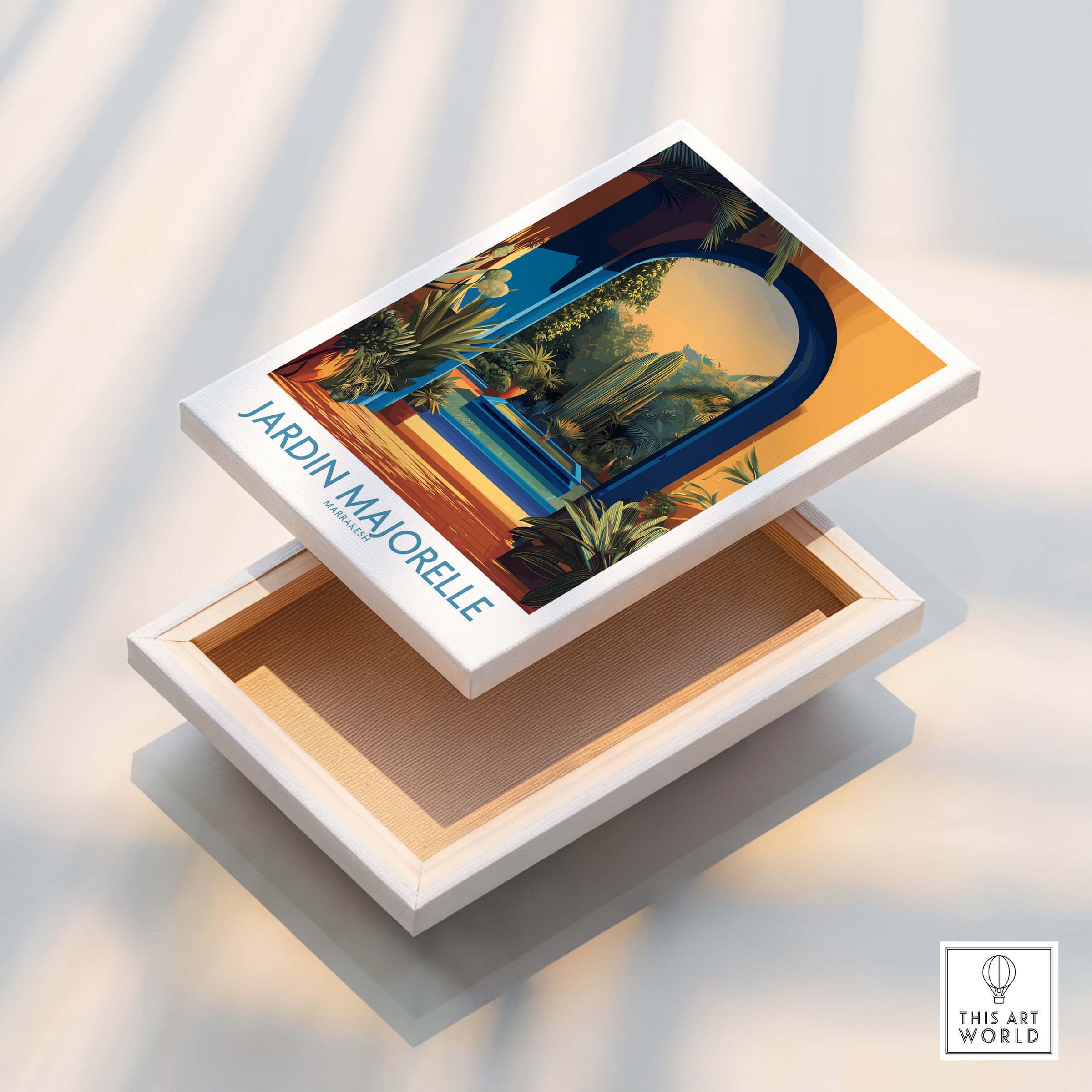 Jardim Majorelle Marrakesh Canvas Print | Exotic Plant & Architecture Posters displayed on a wooden box.