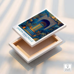 Jardim Majorelle Marrakesh Posters | Detailed Blue Architecture Canvas Print displayed on a wooden box.