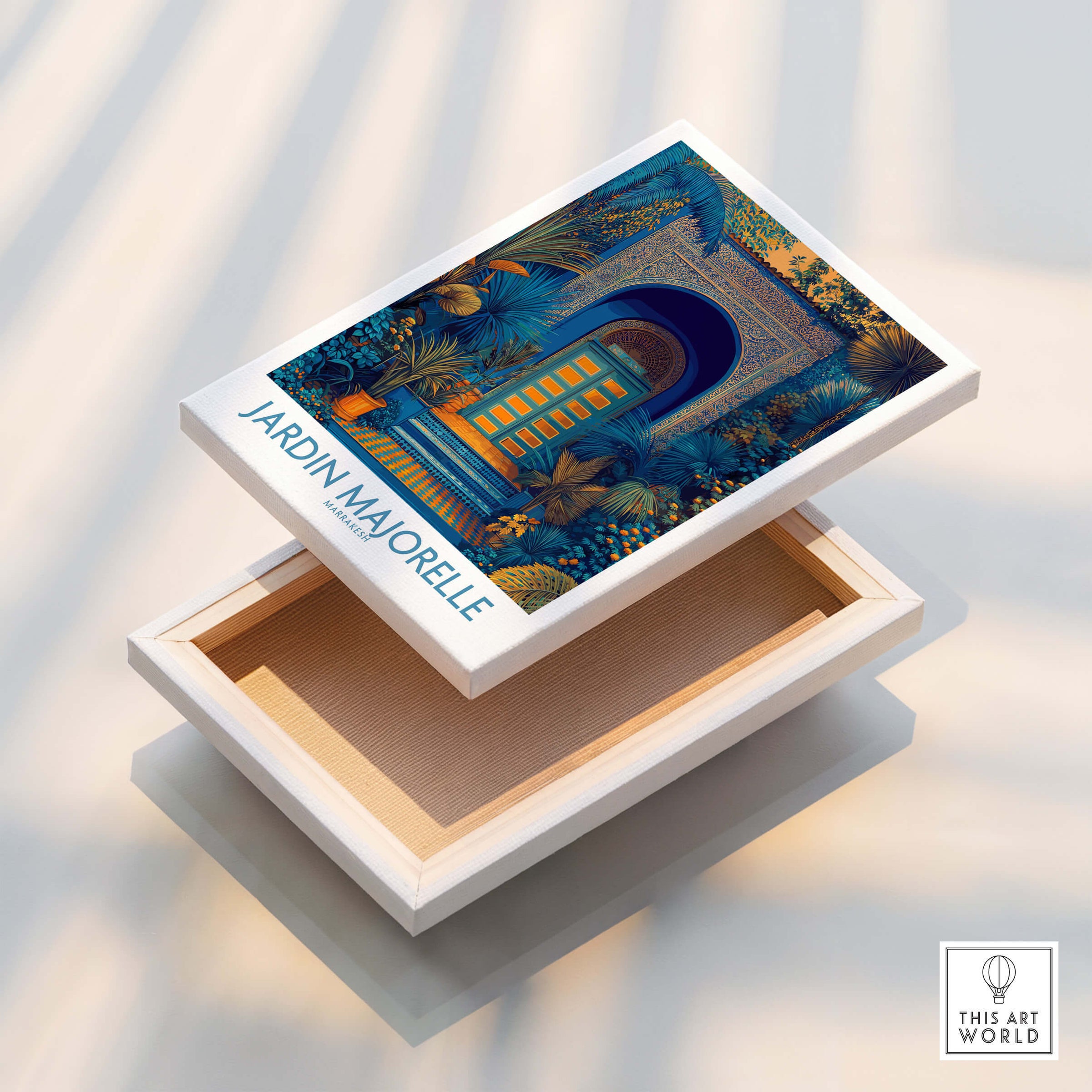 Jardim Majorelle Marrakesh Posters | Detailed Blue Architecture Canvas Print displayed on a wooden box.