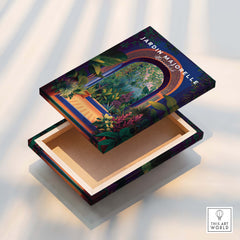 Jardim Majorelle Marrakesh Travel Poster | Lush Tropical Garden Wall Art Print on decorative box