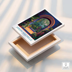 Jardim Majorelle Marrakesh Canvas Print | Colorful Moroccan Landscape Poster art displayed on an open box.