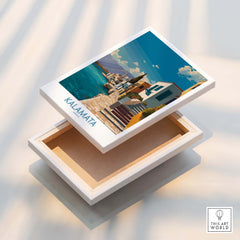 Kalamata Greece Poster | Greek Coastal Canvas Print displayed on a wooden box, highlighting its vibrant coastal scene.