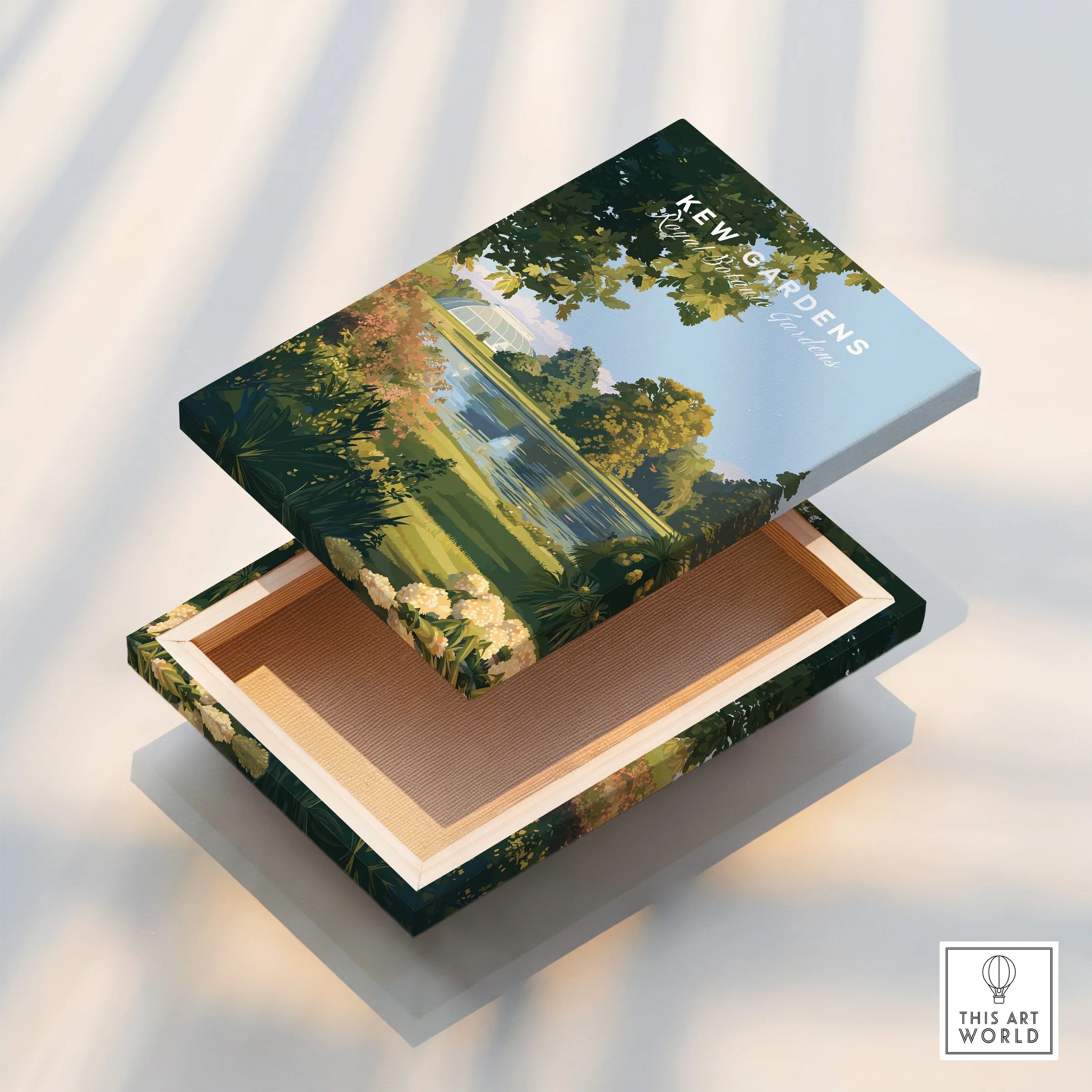 Kew Gardens stretched canvas print with floating frame, featuring scenic landscape art.