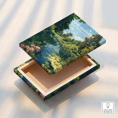 Floating stretched canvas print featuring a landscape painting of Kew Gardens with vibrant foliage.