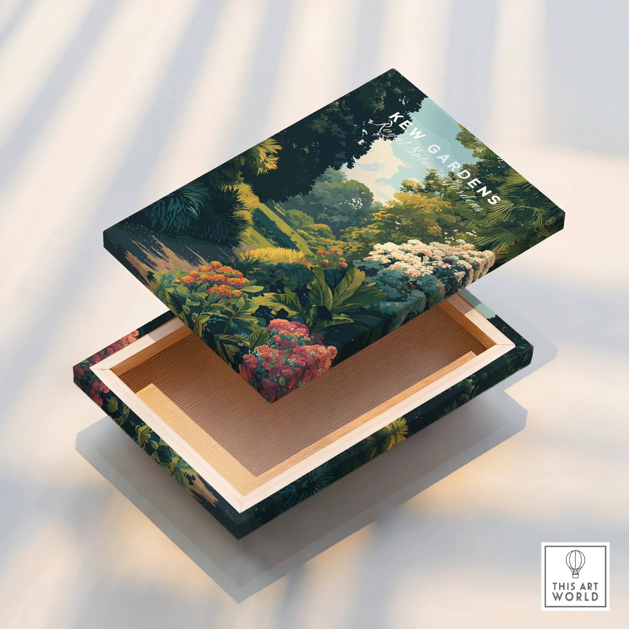 Kew Gardens art print on stretched canvas with floating frame, vibrant botanical landscape