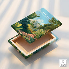 Kew Gardens decorative box with botanical illustration and glasshouse art, lid open