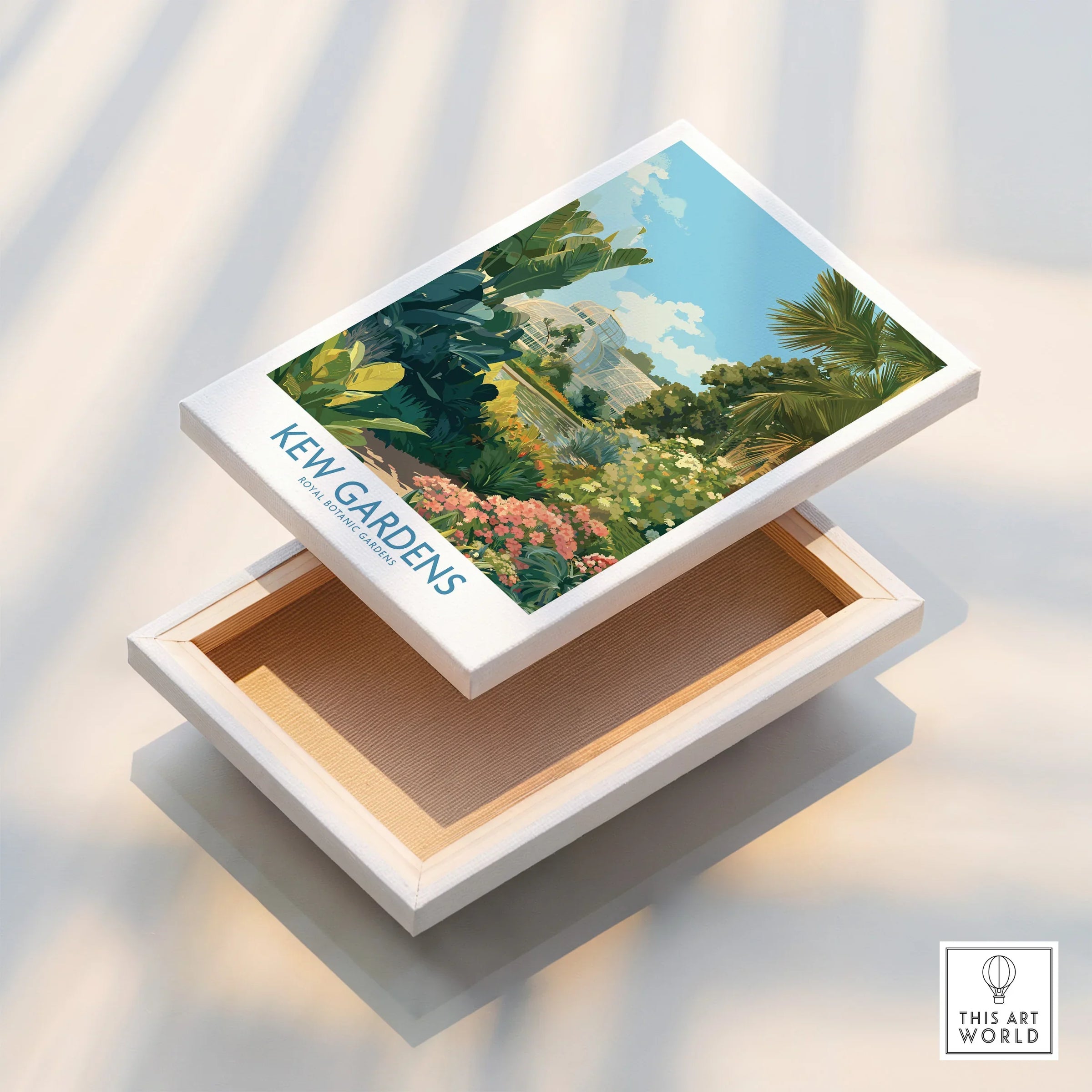 Kew Gardens travel poster stretched canvas print with botanical illustration and floating frame.