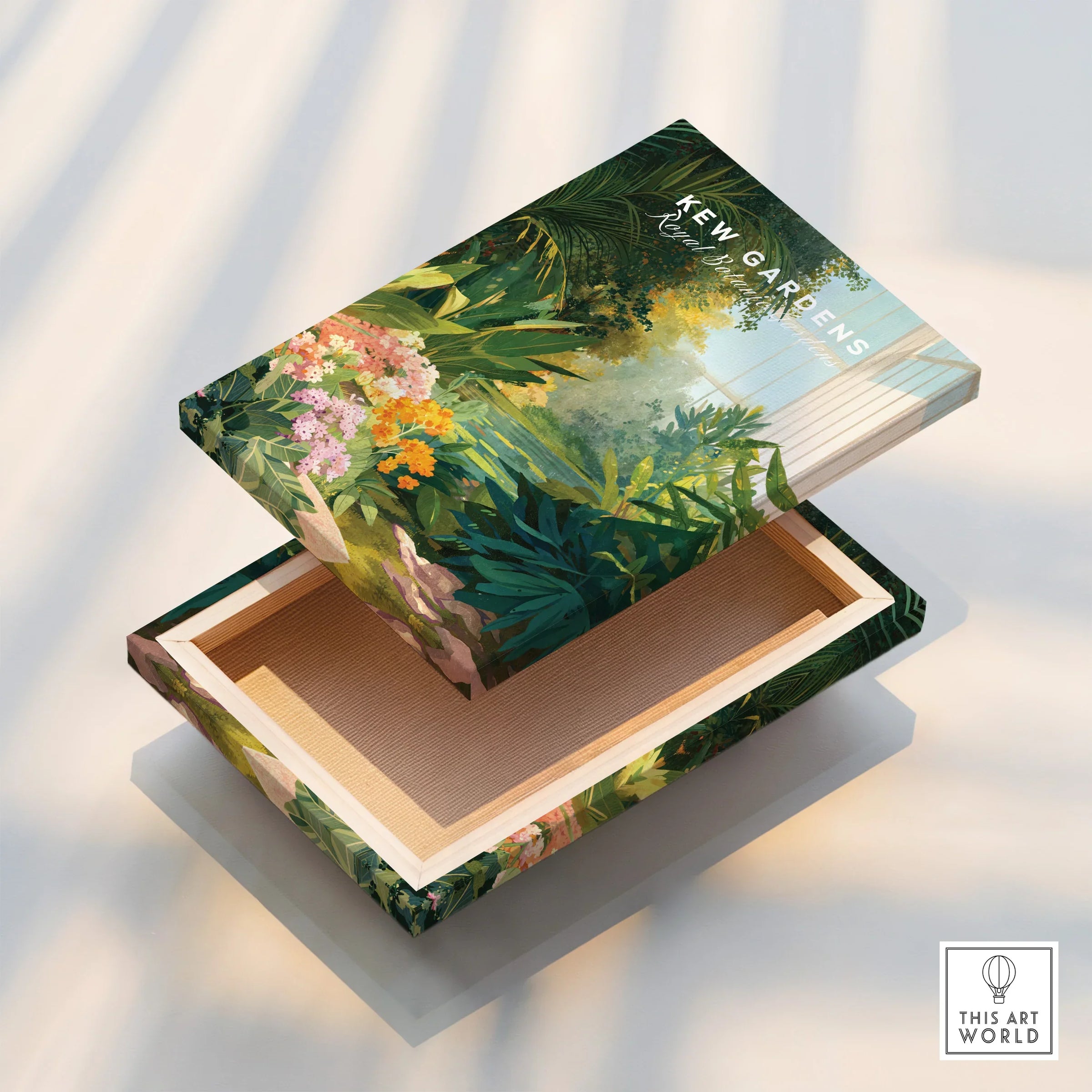Floral Kew Gardens decorative box with botanical artwork and sunlight shadow pattern.
