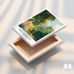 Kew Gardens botanical stretched canvas print with vibrant tropical plants and flowers.