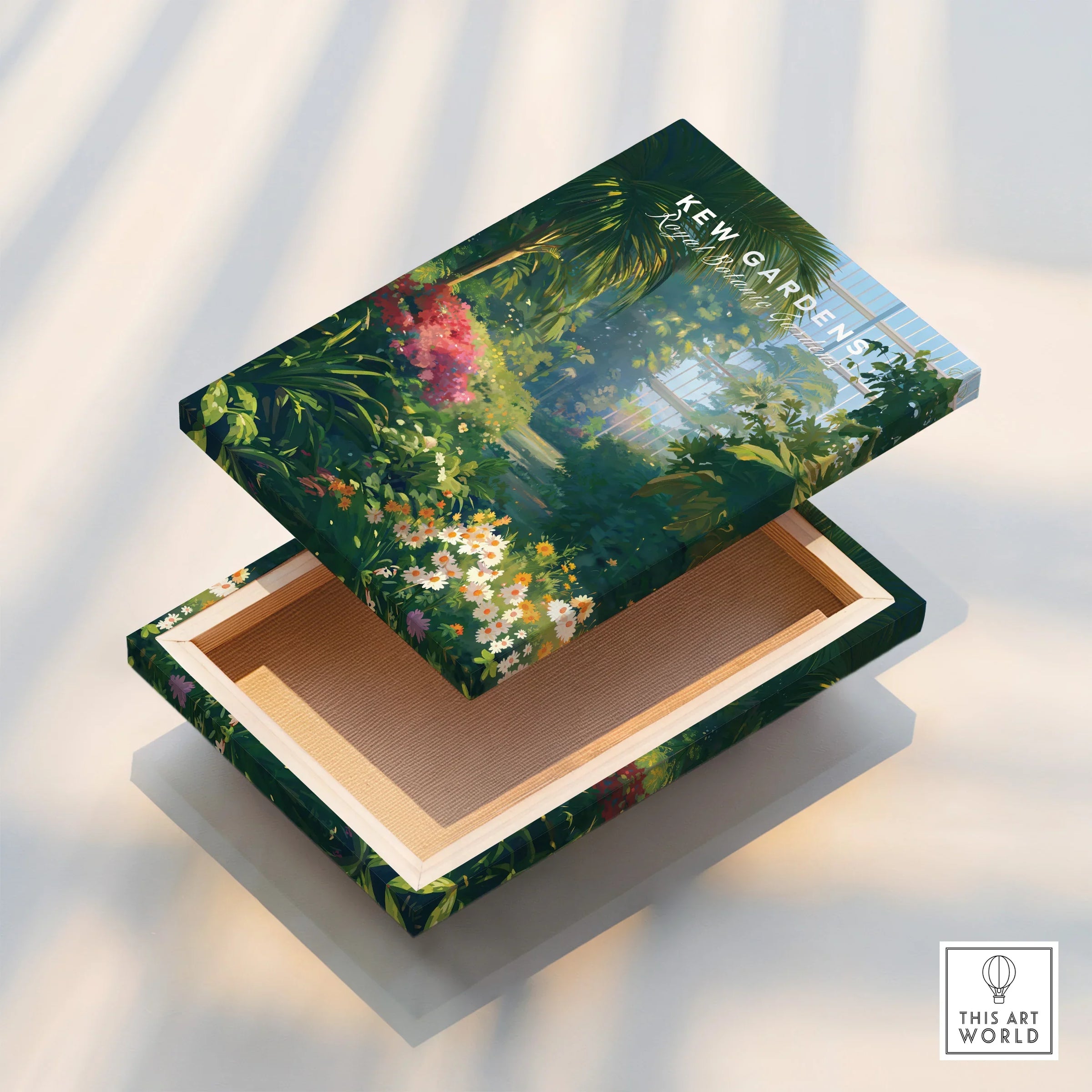 Kew Gardens art print box with botanical garden illustration and flowers