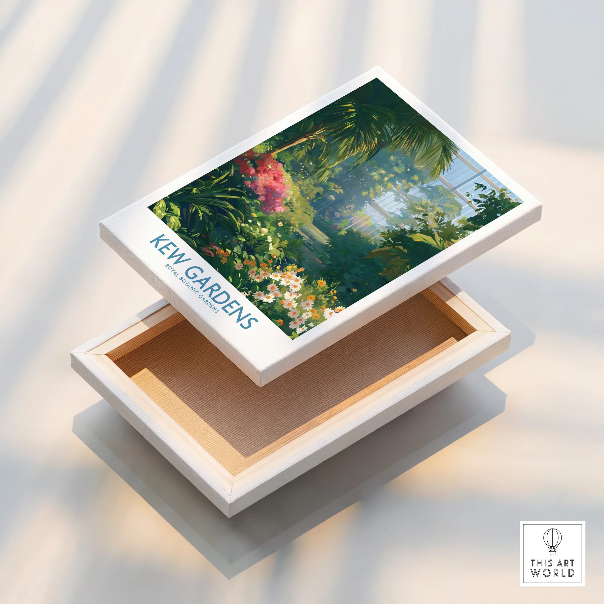 Kew Gardens botanical art print on stretched floating canvas, colorful floral wall decor