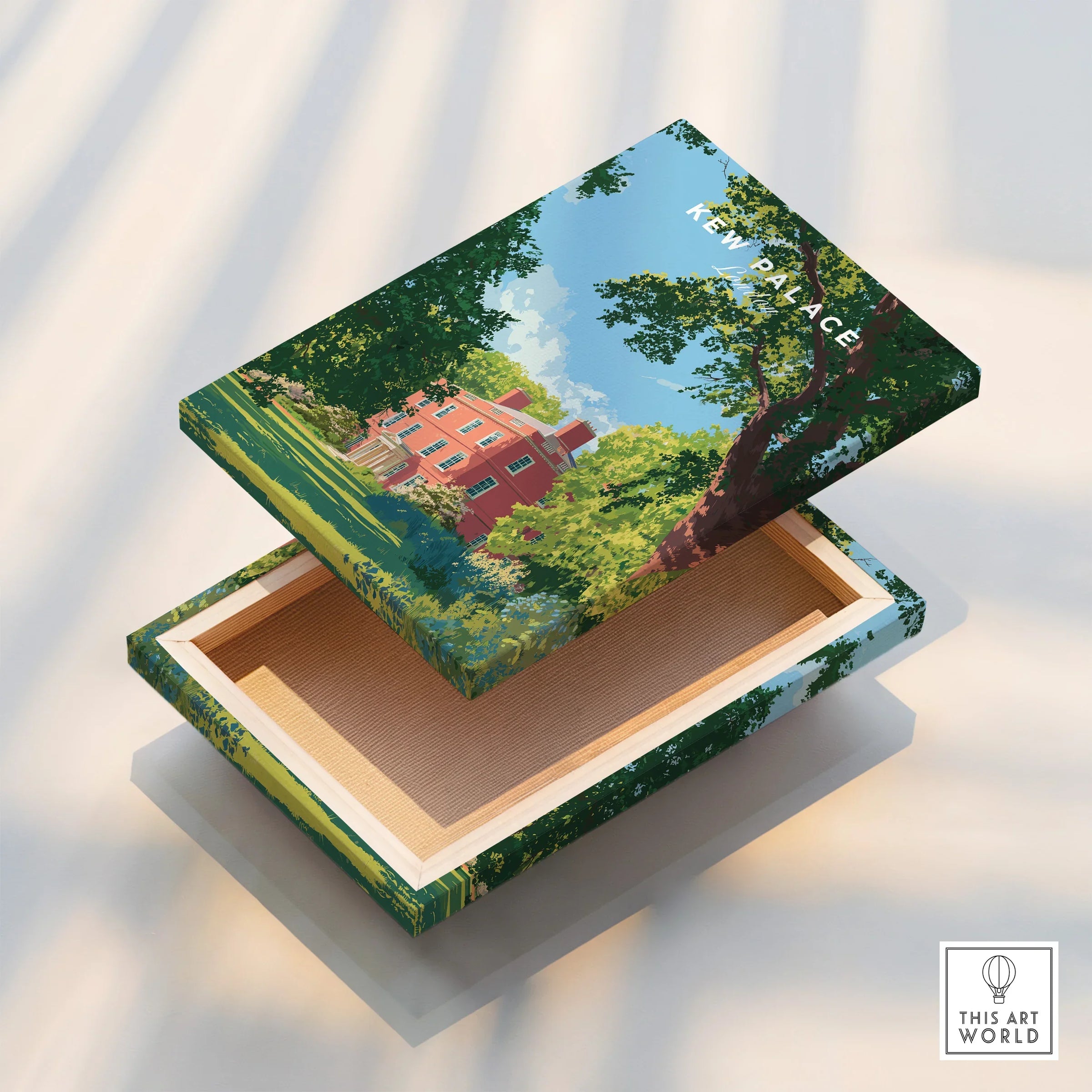 Kew Palace art print on a floating canvas box, featuring lush greenery and sunny sky.