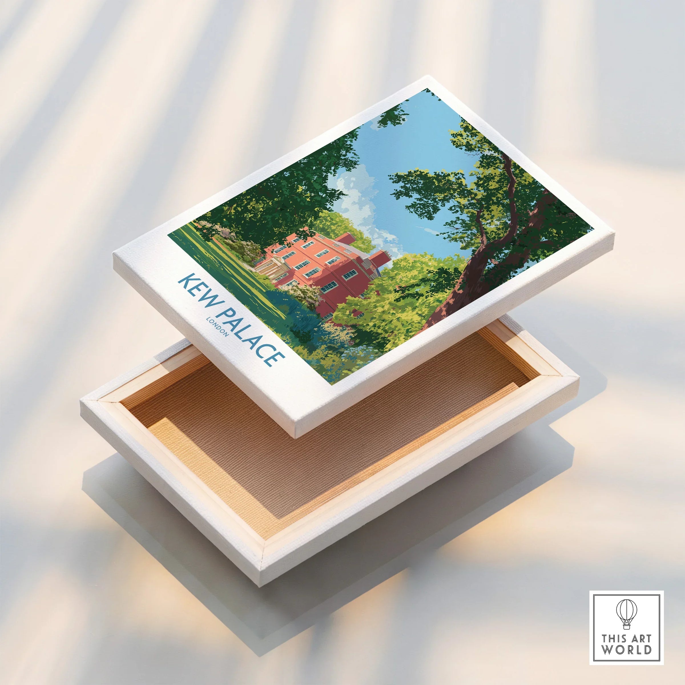 Kew Palace London travel poster art on floating canvas print, sunlight shadow background