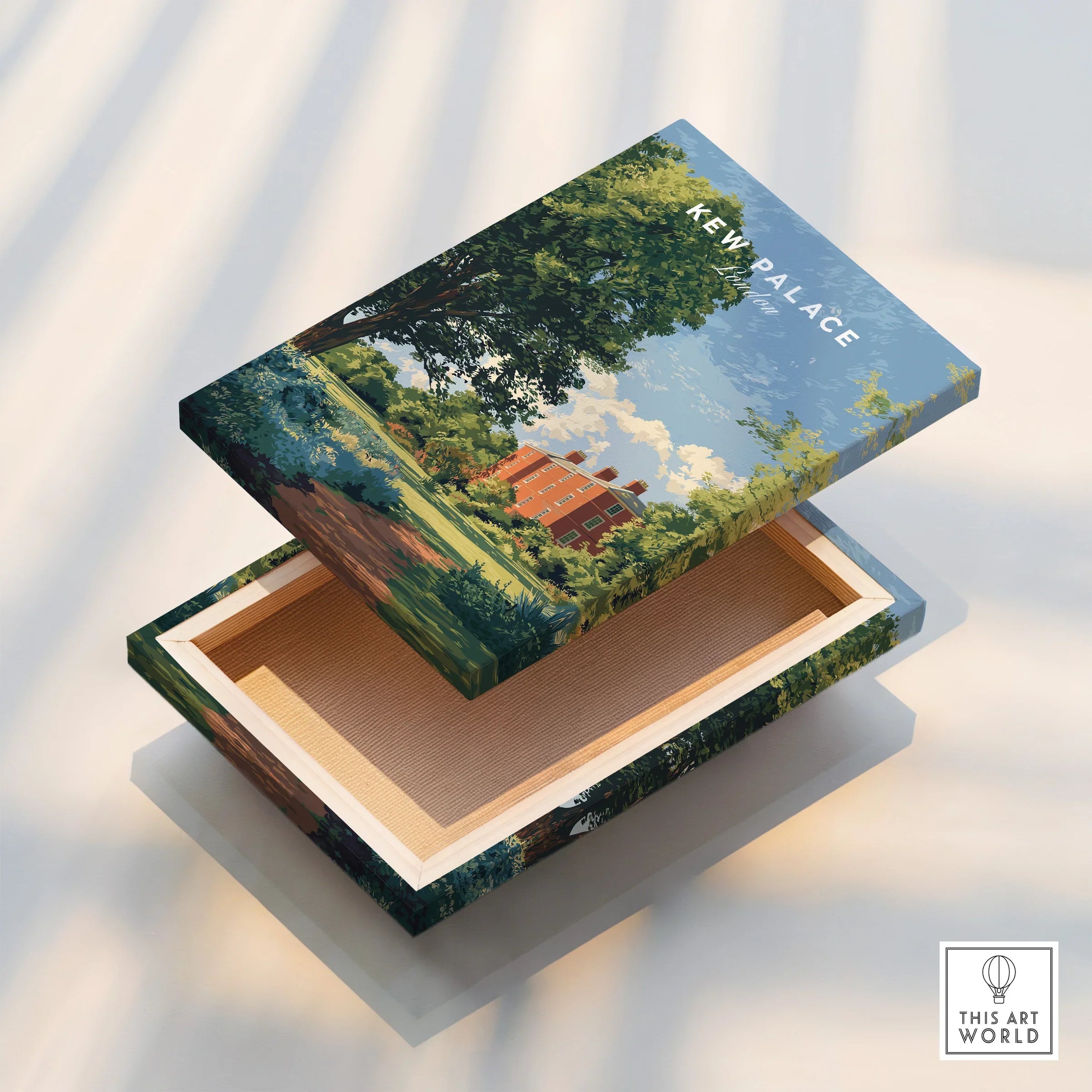 Kew Palace art print on stretched canvas with floating wood frame, scenic landscape design