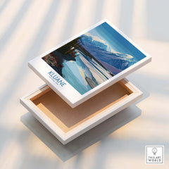 Kluane National Park Canada Poster | Blue Glacier Water Landscape Canvas Print displayed on a wooden box.