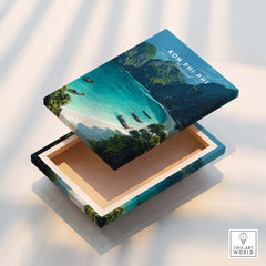 Koh Phi Phi Thailand Travel Poster | Maya Bay Tropical Beach Wall Art Print on a decorative box.