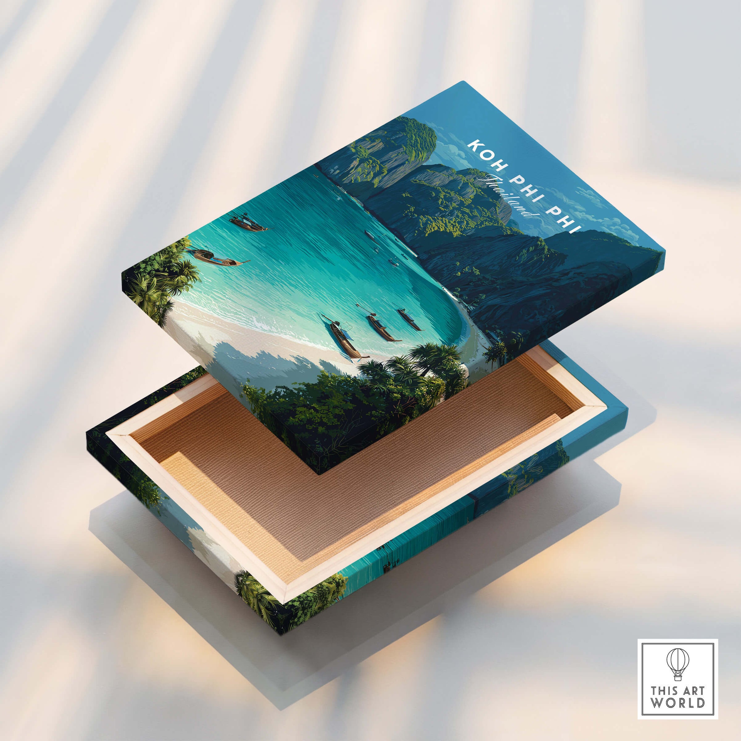 Koh Phi Phi Thailand Travel Poster | Maya Bay Tropical Beach Wall Art Print on a decorative box.