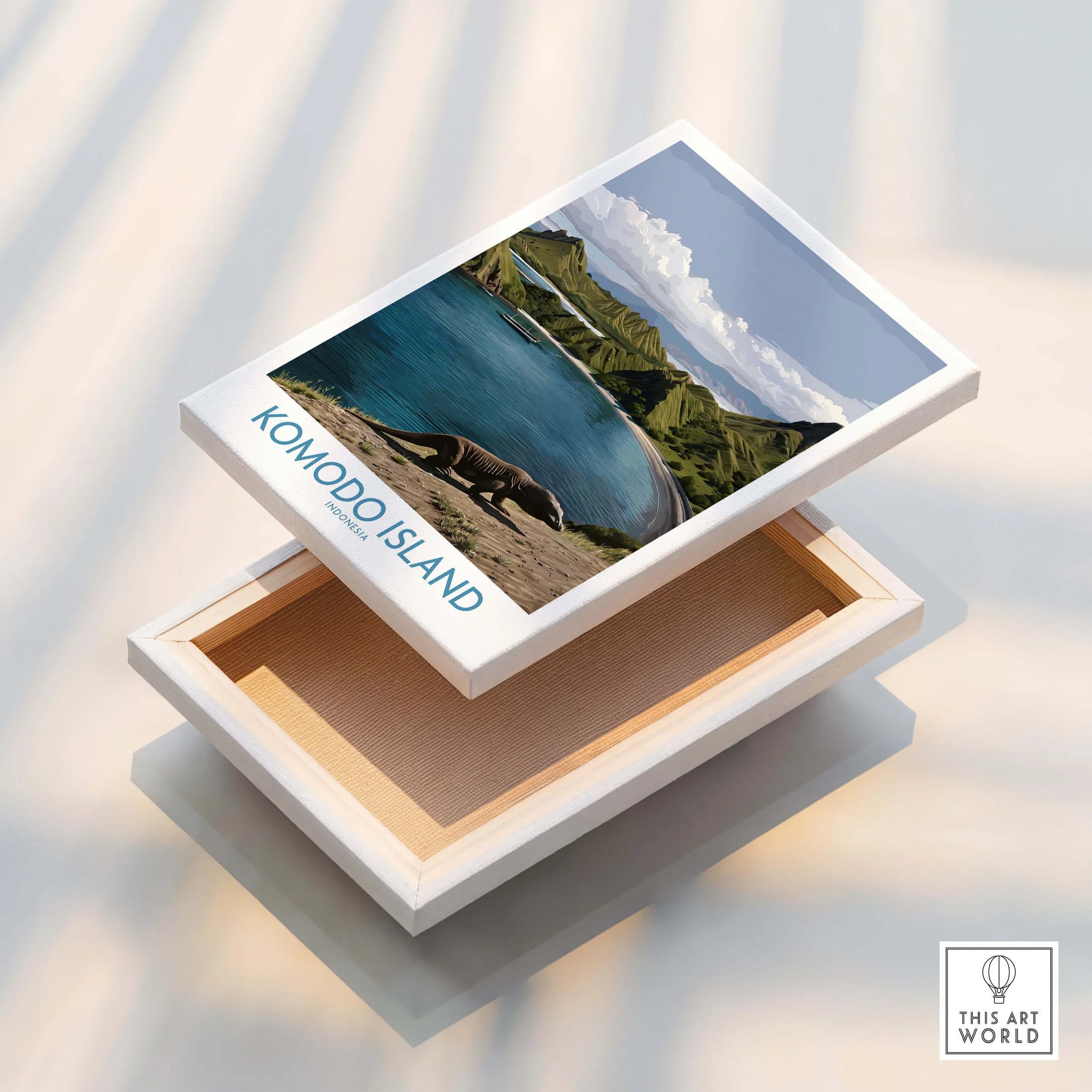 Komodo Island travel poster stretched canvas print with vibrant landscape and Komodo dragon