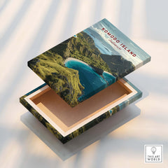 Komodo Island travel poster on floating canvas print with scenic coastal landscape