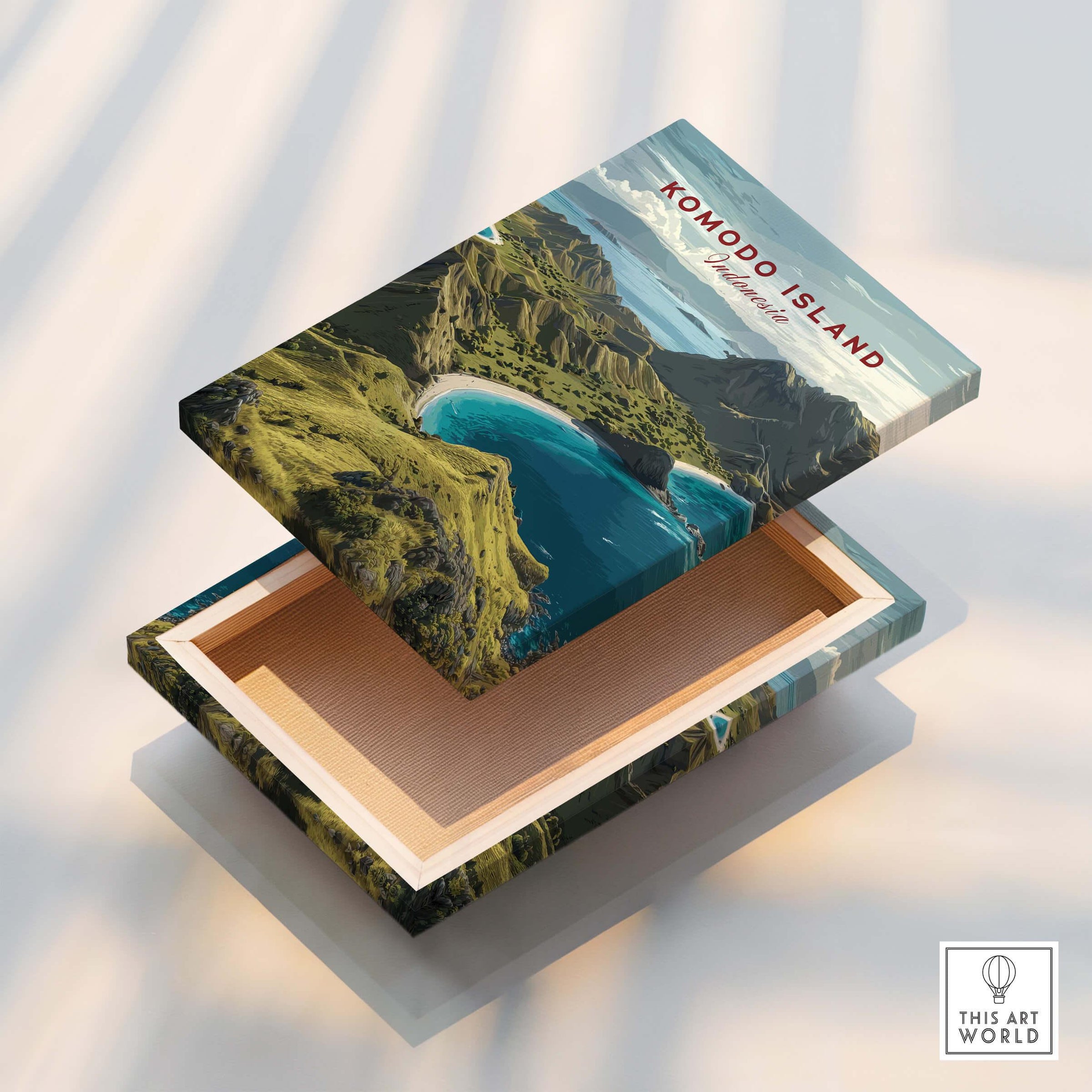 Komodo Island travel poster on floating canvas print with scenic coastal landscape