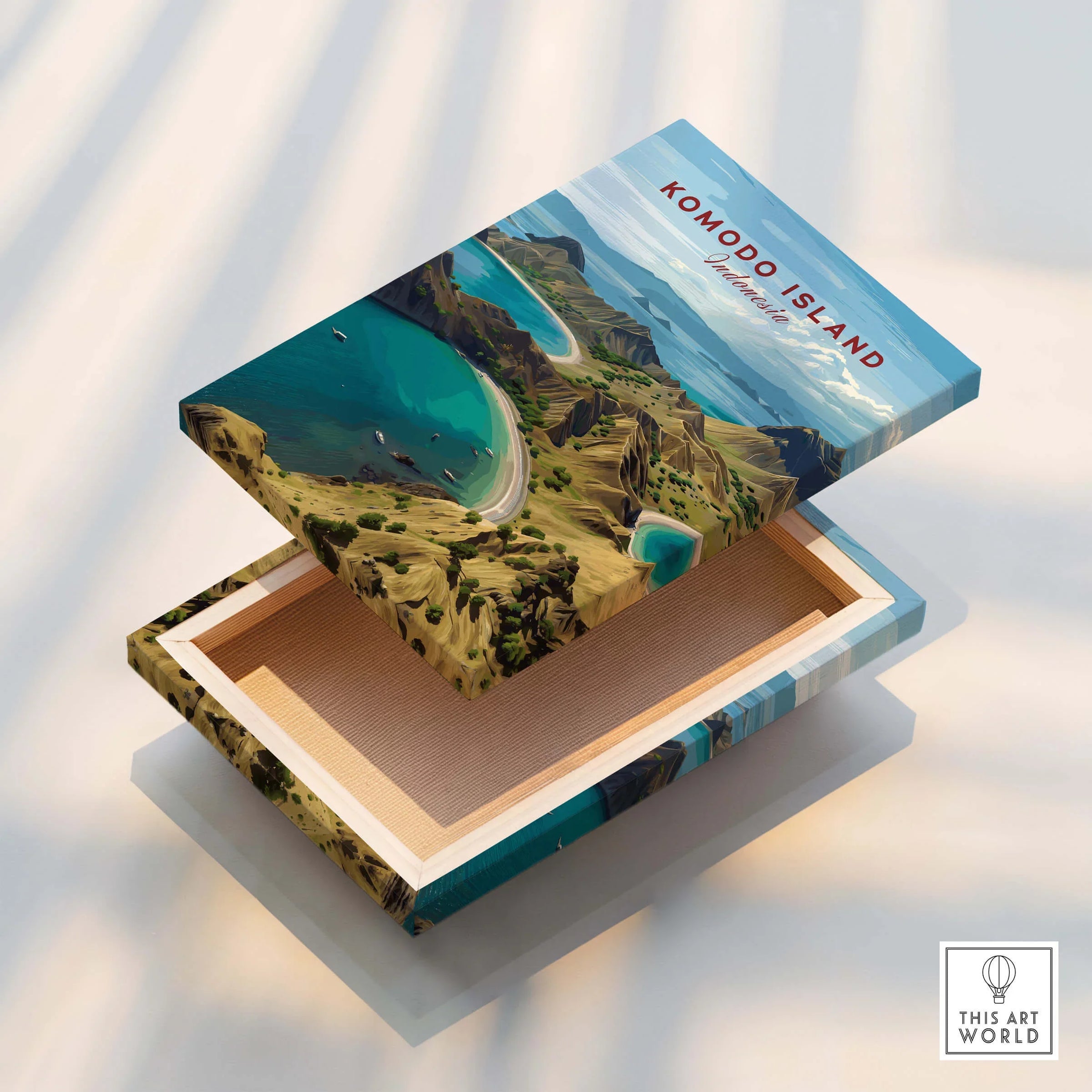 Komodo Island travel poster art on floating canvas print with scenic landscape design