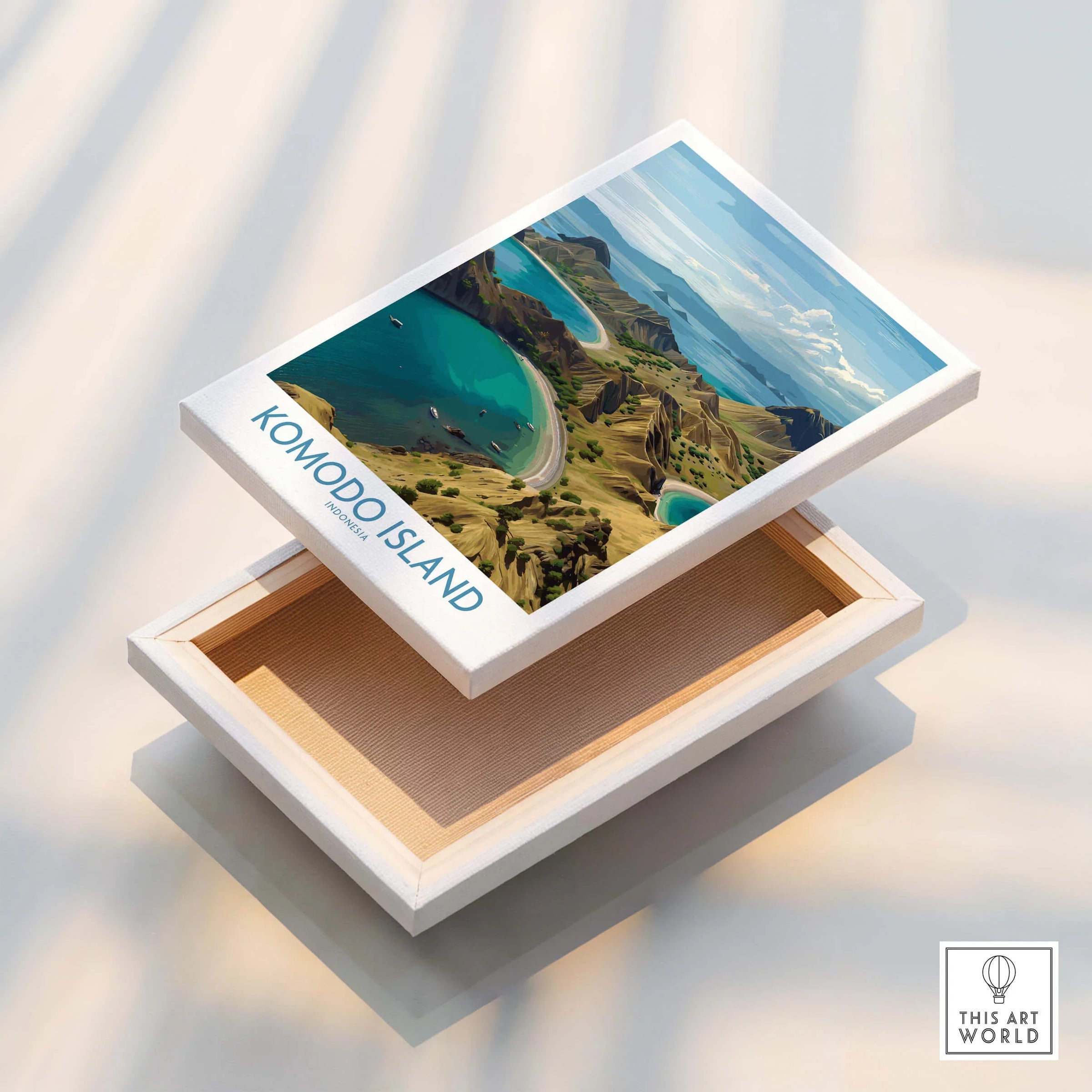 Komodo Island travel poster print on floating stretched canvas with mirror edge detail