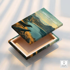 Komodo Island stretched canvas print with landscape art and Komodo dragons, open box detail