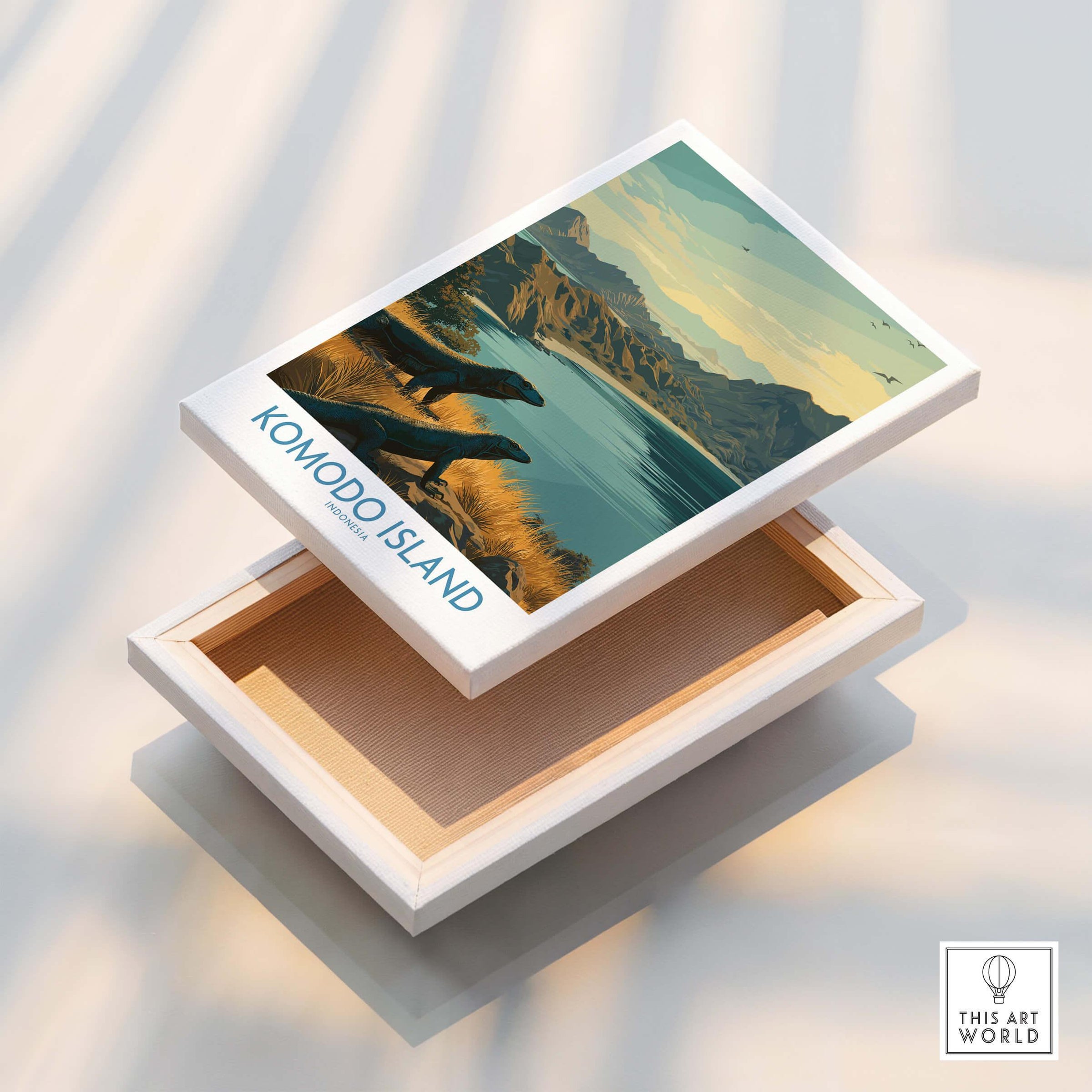 Komodo Island travel poster canvas print with landscape art and Komodo dragons