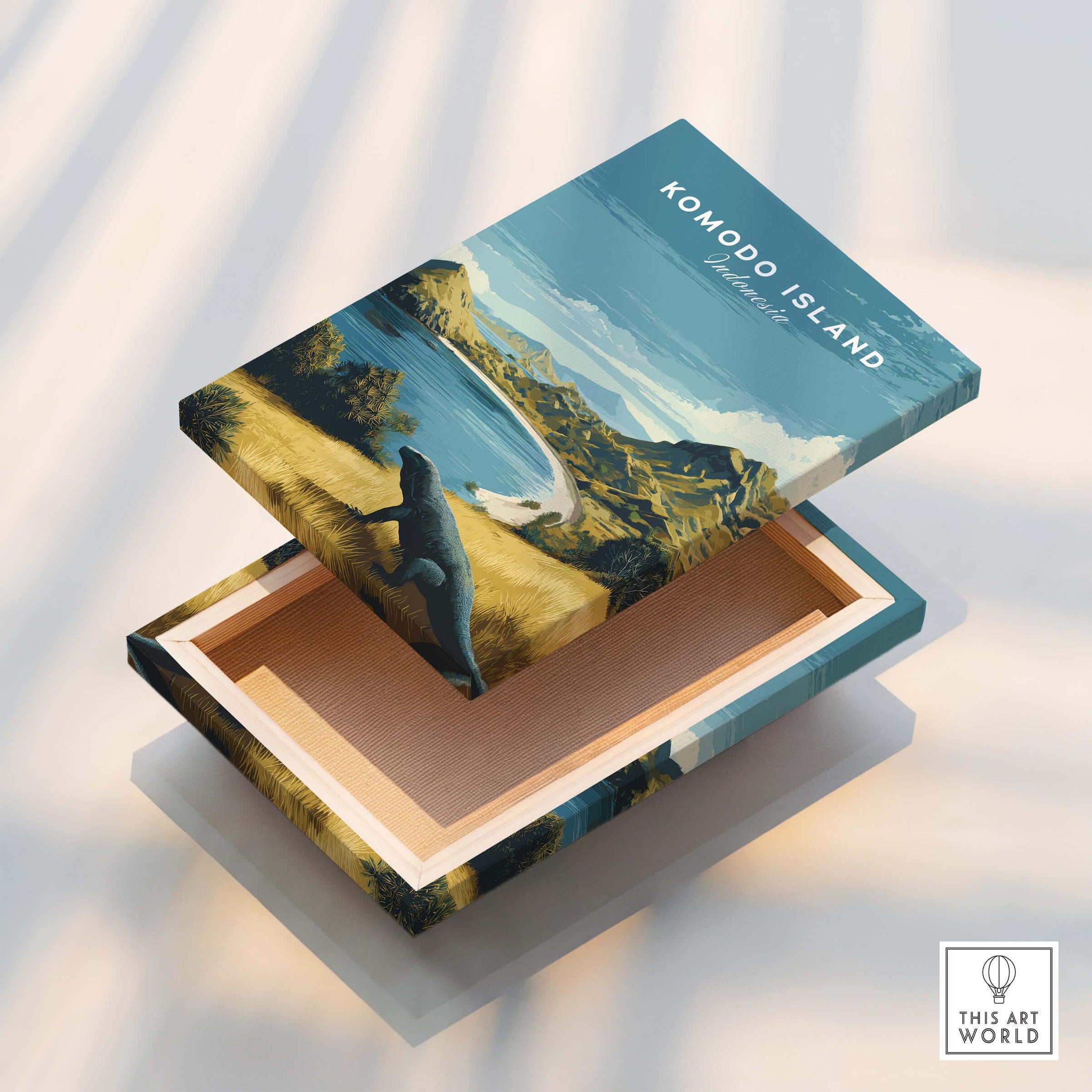 Komodo Island travel art print on wooden box lid, featuring Komodo dragon and scenic coastline