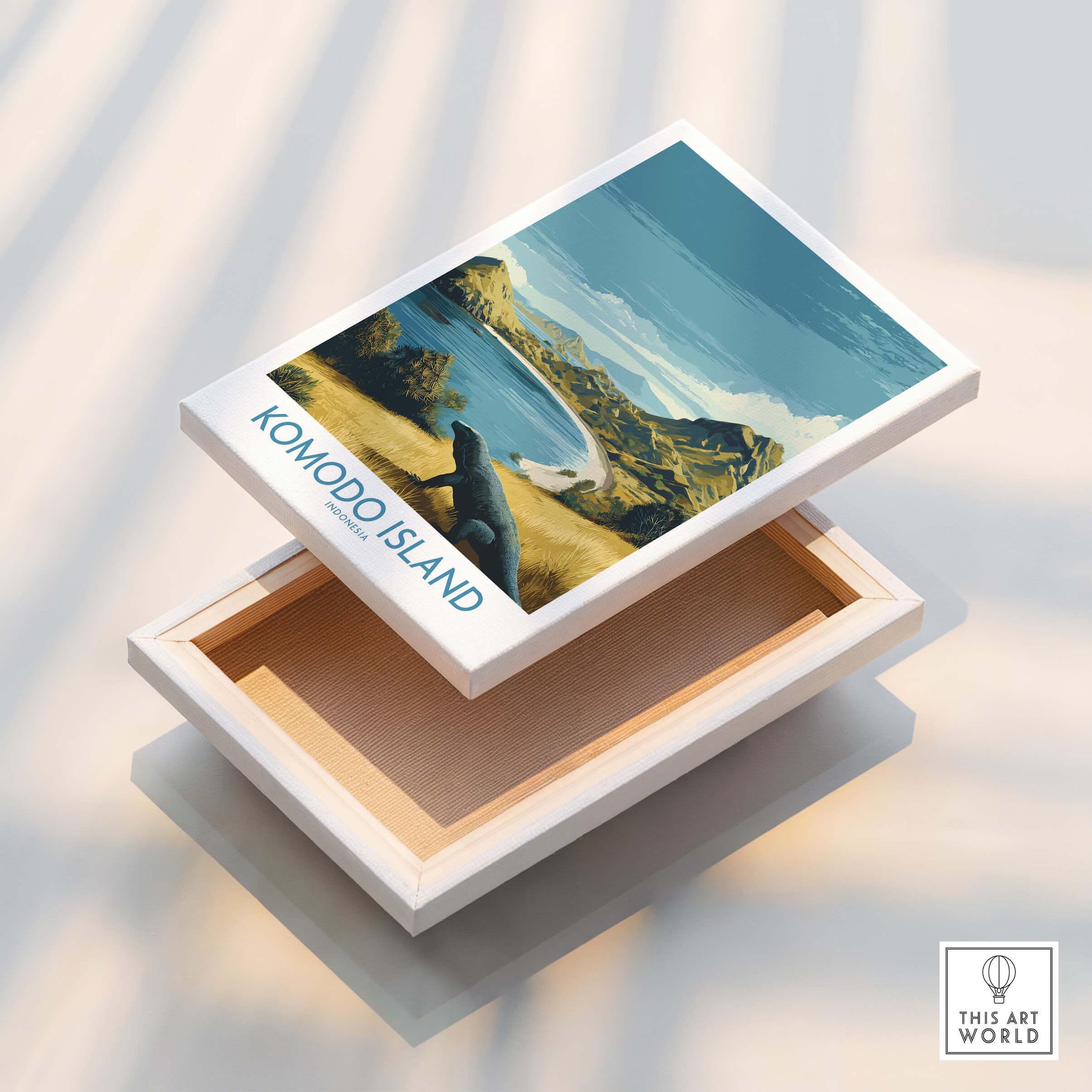 Komodo Island travel poster on floating canvas, scenic landscape with Komodo dragon by the sea