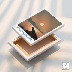 Komodo Island travel poster stretched canvas print with sunset, silhouette, and mountains.