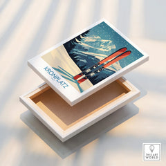Kronplatz ski mountain stretched canvas print with red skis and snowy landscape.